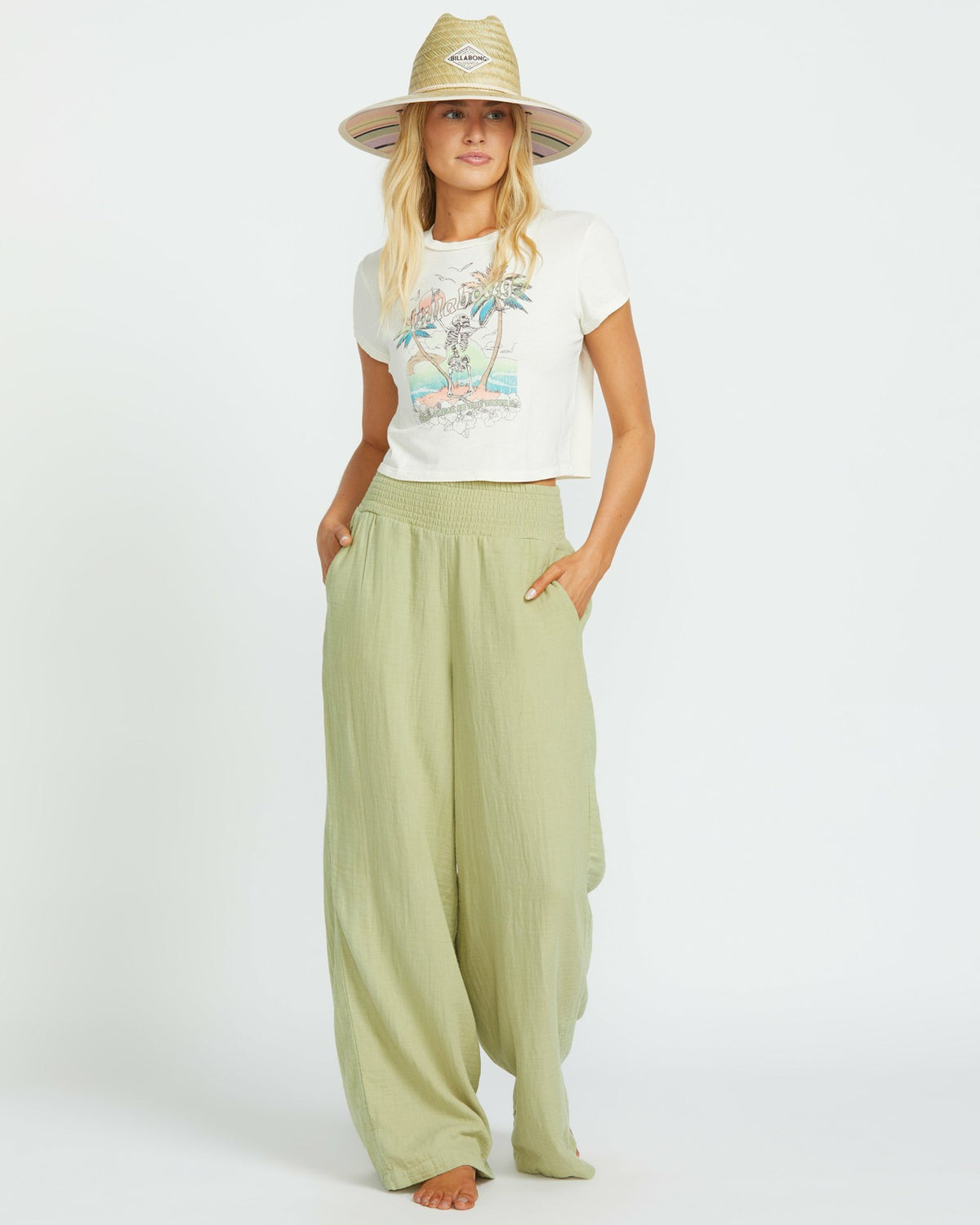 New Waves Gauze Elastic Waist Pants - Avocado | Billabong