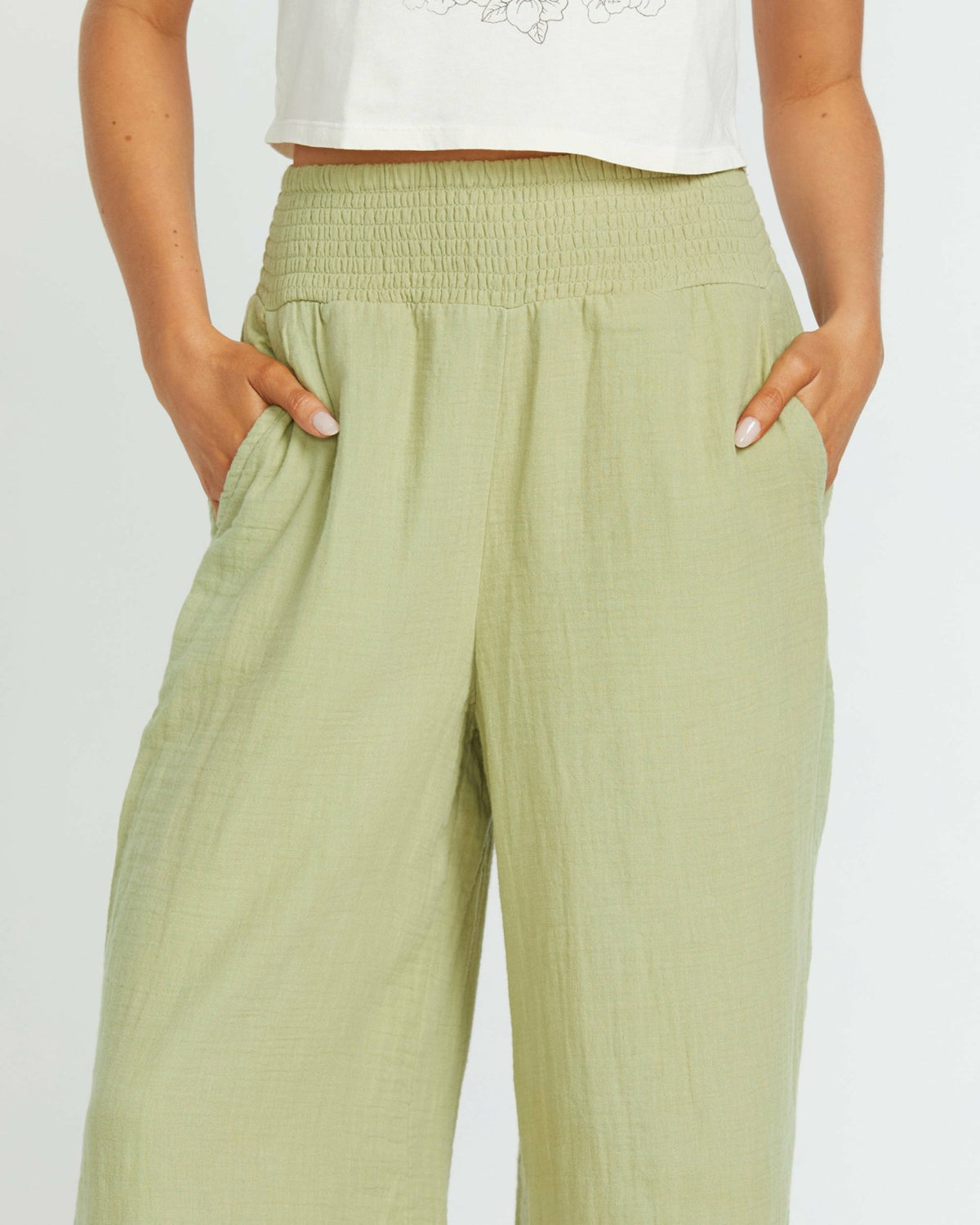 New Waves Gauze Elastic Waist Pants - Avocado | Billabong